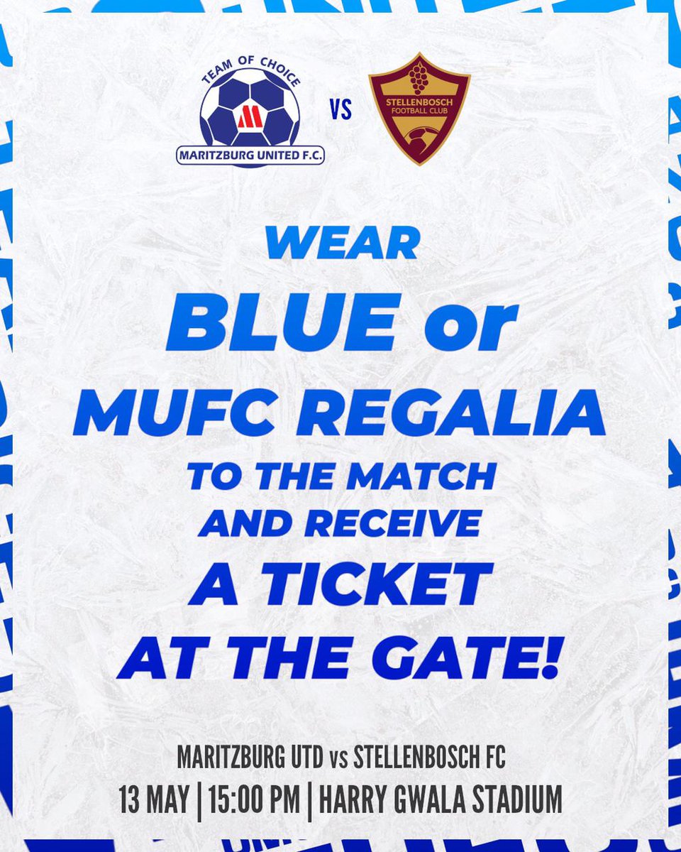 MaritzburgUtd's tweet photo. BLUE ARMY STAND UP! 🔵⚪️

The boys take on Stellenbosch Football Club at 3pm on Sartuday. Let’s paint Harry Gwala Stadium in the colours of the Team of Choice! 

#WeAreUnited #FillUpHarryGwalaStadium https://t.co/k51zlaBpyl