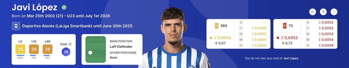 CappedModepicks's tweet image. Another pick for GW 371 is López. López plays for Deportivo Alavés and normally isn&apos;t a starter, but with Duarte suspended because of a red card López should have a great chance to start this GW in the game away against Albacete Balcompié. #Sorare #CappedMode.