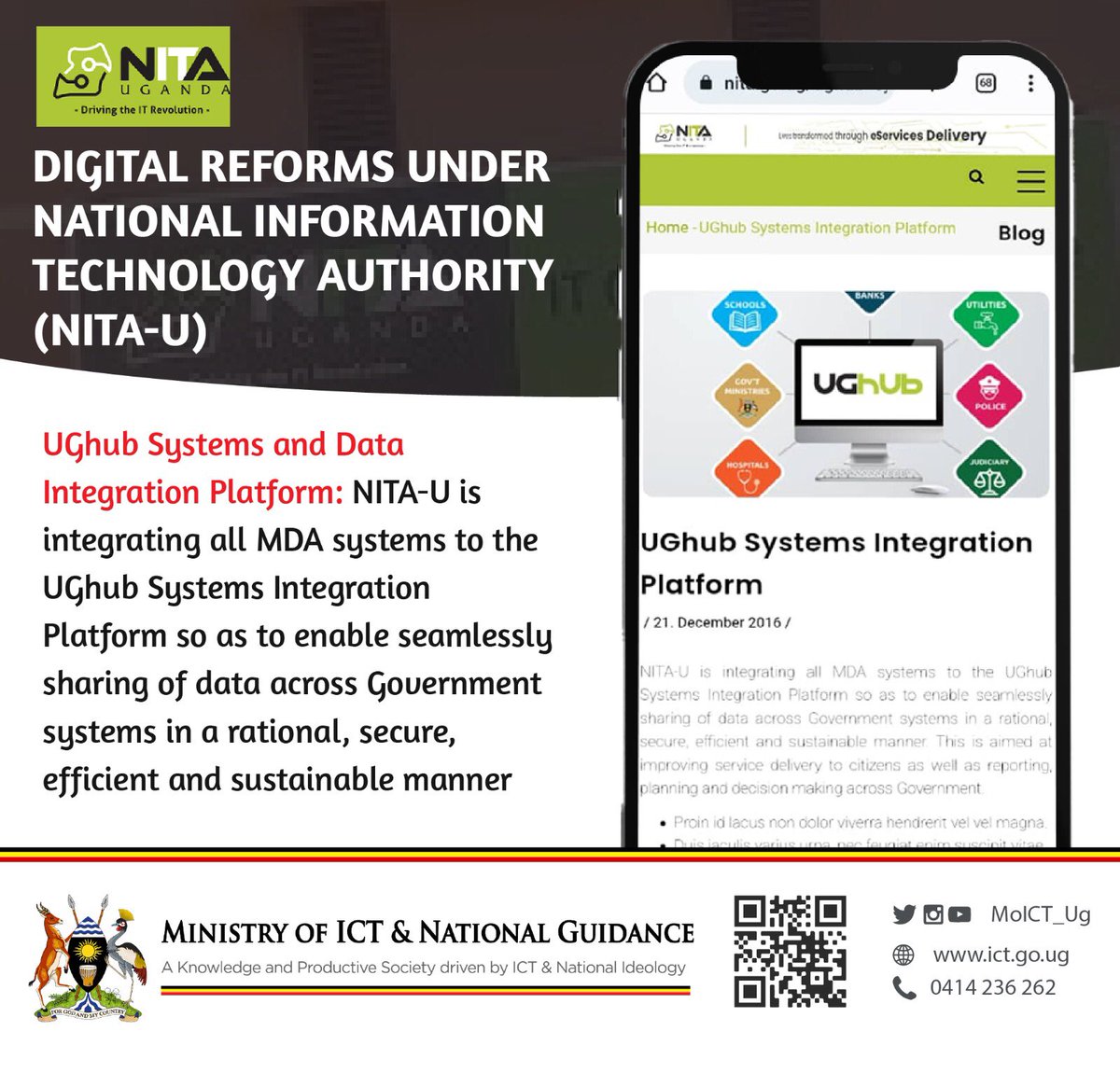 The UGhub systems and Data Integration platform enables sharing of data across government systems. This is aimed at improving service delivery to citizens across government and private entities.
@MoICT_Ug @NITAUganda1 @DMU_Uganda