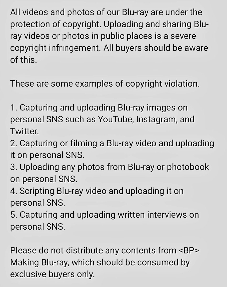 <BP> Making Blu-ray copyright notice‼️

❌️Uploading and sharing all videos, photos and written interviews of <BP> Making Blu-ray is STRICTLY PROHIBITED.❌️

Please check examples of copyright violations below.

✔️m.yes24.com/Goods/Detail/1…