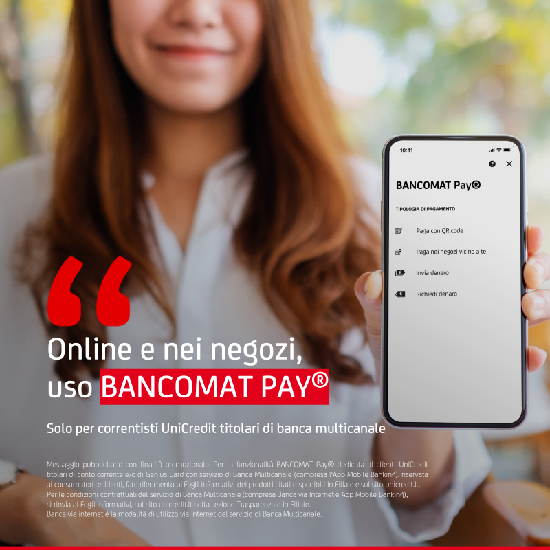 UniCredit_IT's tweet photo. Lo sapevi che con l’App Mobile Banking di UniCredit puoi pagare nei negozi convenzionati senza contanti grazie al servizio BANCOMAT Pay®?
Scopri come guardando il video! https://t.co/iqt0cRa12O
#UniCredit #BancomatPay #OurFuture #Digital #ADS