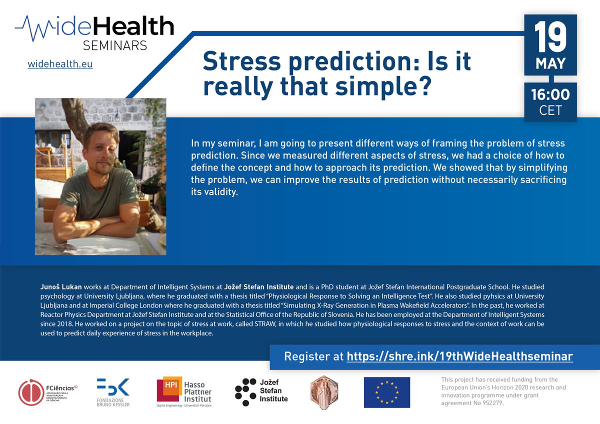 WideHealth Project EU (@euwidehealth) on Twitter photo 19th WideHealth Seminar: Junoš Lukan, "Stress prediction: Is it really that simple? " (19/05/2023) - 16:00 CET
Registration link: shre.ink/19thWideHealth…
#ai #innovation #federatedlearning #datascience #H2020
<a href="/REA_research/">European Research Executive Agency</a> 19th WideHealth Seminar: Junoš Lukan, "Stress prediction: Is it really that simple? " (19/05/2023) - 16:00 CET
Registration link: shre.ink/19thWideHealth…
#ai #innovation #federatedlearning #datascience #H2020
<a href="/REA_research/">European Research Executive Agency</a>
