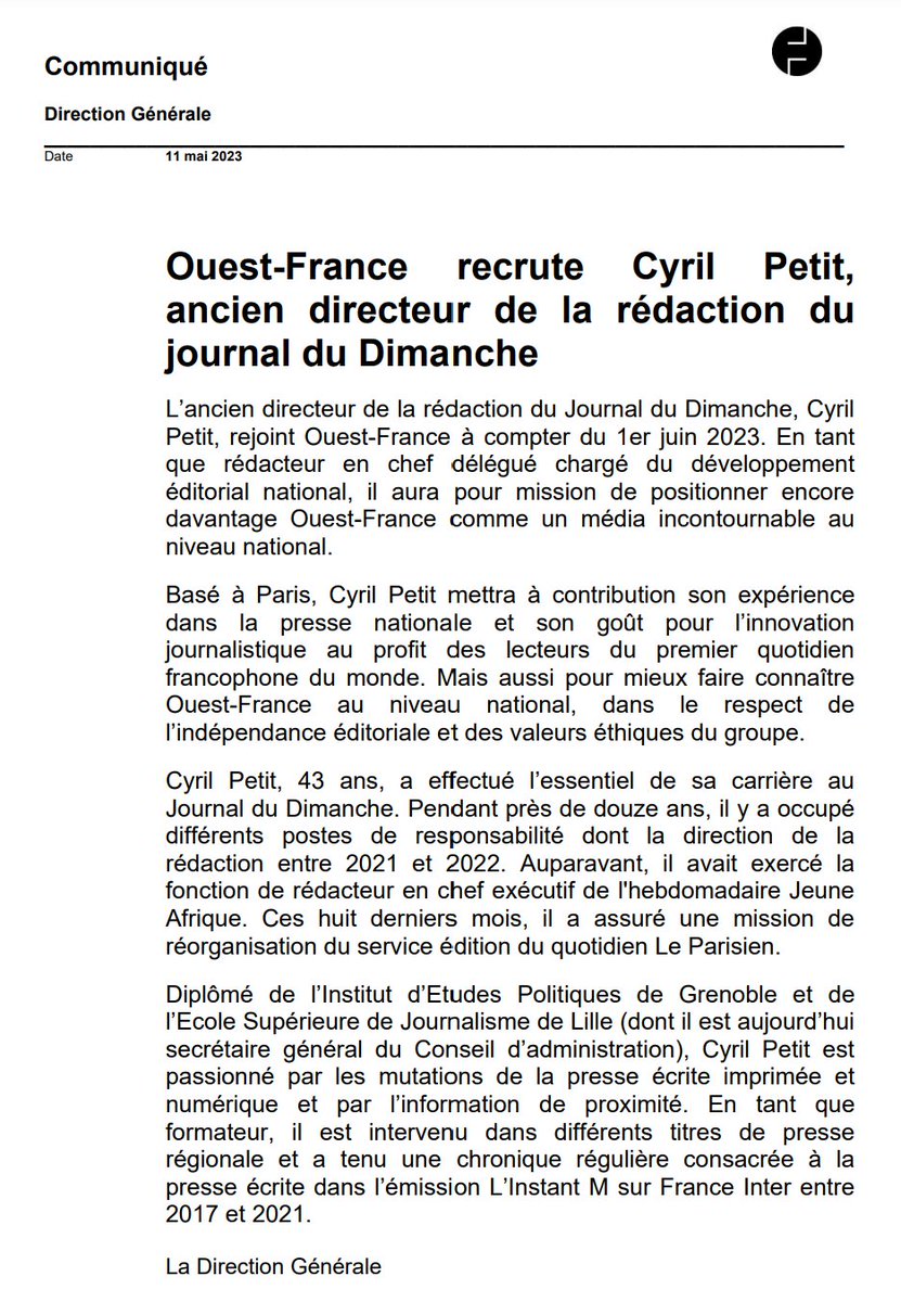 CyrilPetit's tweet photo. Je suis très fier et très honoré de rejoindre la rédaction de "Ouest France". https://t.co/FK5Y7CSVVB