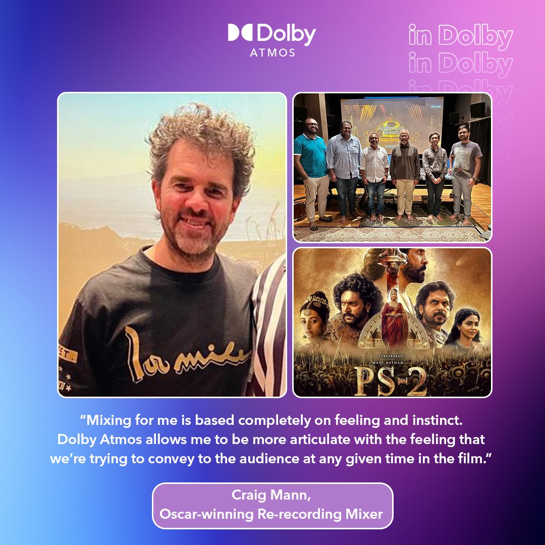 DolbyIn's tweet photo. Here's what #CraigMann, Oscar-winning Re-Recording mixer on 'PS-2', had to say about how #DolbyAtmos enhances the storytelling in the film! 🗣️
#AravindMS #AnandKrishnamoorthi #MadrasTalkies #RiyasdeenRiyan #AMStudiosChennai https://t.co/9pNv8ZZd5f