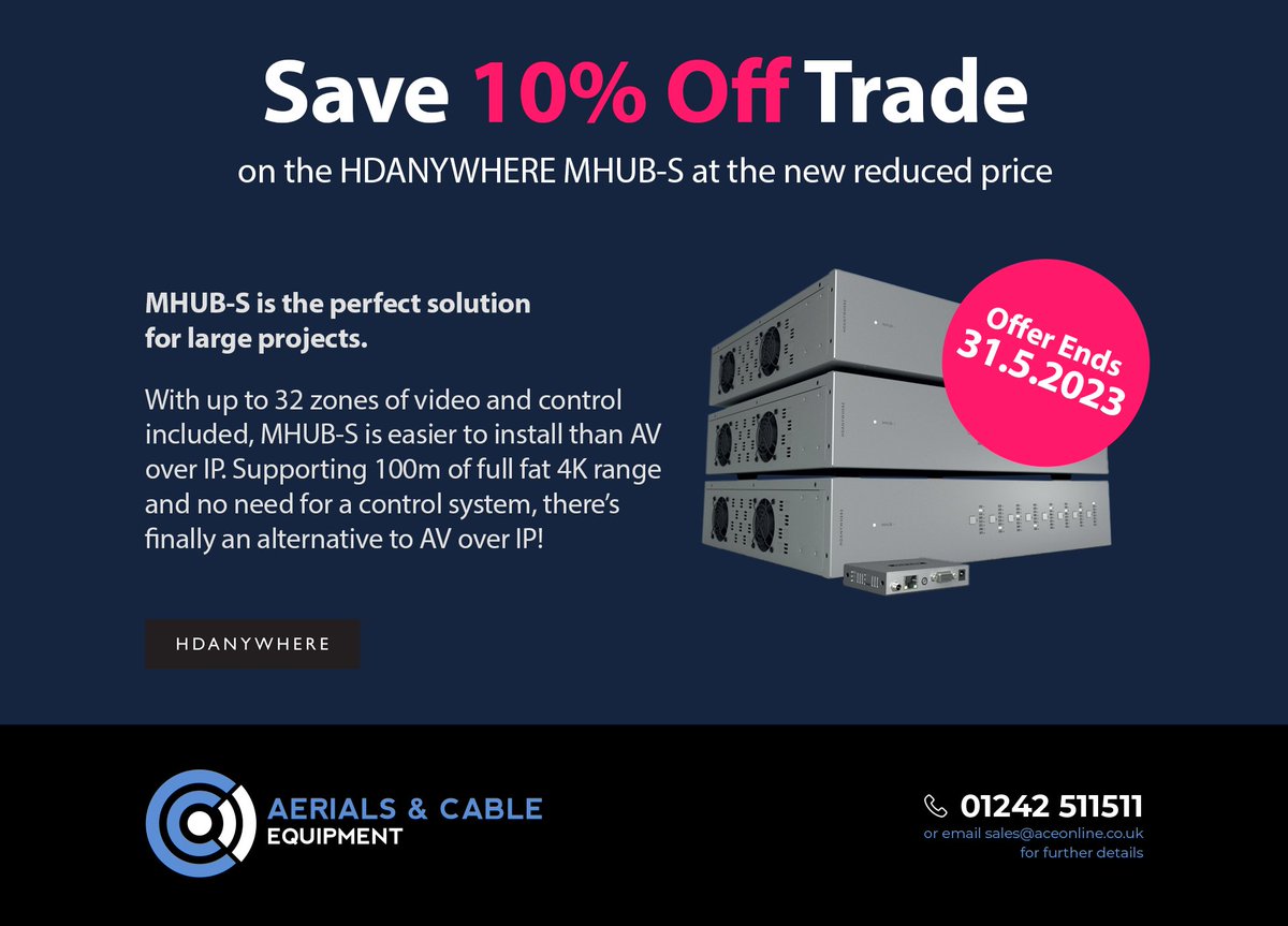 🚨Mayday Madness🚨

<a href="/HDANYWHERE/">HDA/uControl</a> have kindly extended (or should that be XTND'D😂) their 10% off MHUB-S pricing until the end of May.

aceonline.co.uk/hdanywhere-mhu…...

For more information or to check stock, call☎️today on 01242 511 511 or email📩the team on Sales@aceonline.co.uk