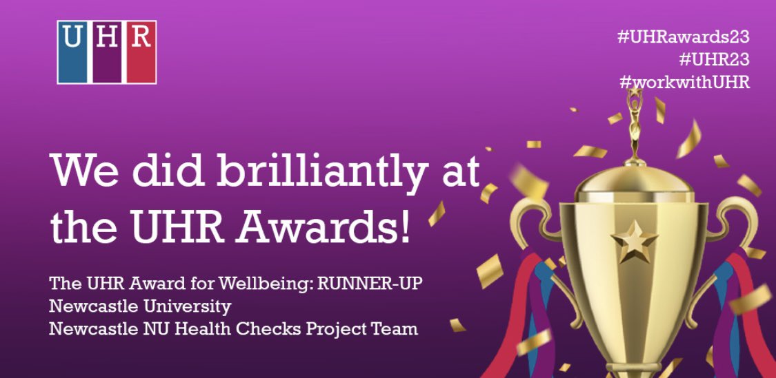 EqualityNCLUni's tweet photo. Yesterday at the #UHRAwards23 the NU health checks project team here at  @UniofNewcastle was the runner up for the award for wellbeing!! 💜

Well done to everyone involved in the project and special thanks to @NazarHamde!

@NCL_Pharmacy https://t.co/nW6GGbQOku