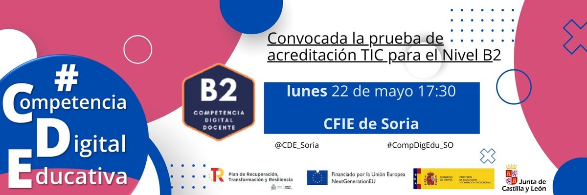 CDE_Soria's tweet photo. ℹ️ #CompetenciaDigitalDocente 👩💻👨💻
📚Convocada la prueba específica de la acreditación digital B2 para el día 22 de mayo.
🤞¡Mucha suerte!
🔗En la parte inferior de este enlace podréis acceder al temario: https://t.co/trTzxMZZH3
@educacyl @CFIEdeSoria #CompDigEdu_SO #MRCDD https://t.co/1aRfl6smY8