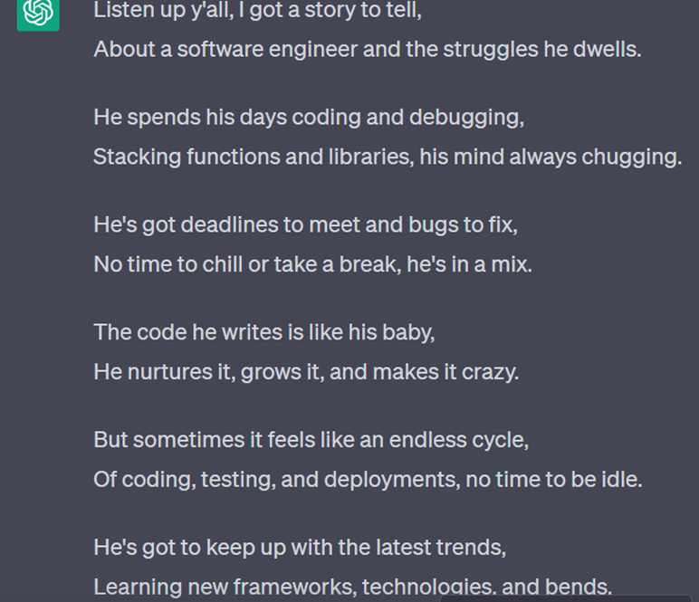 iamYD2's tweet photo. ChatGPT writing skills >>> Bard
Ps: I asked ChatGPT to do a rap on Software developers.
*MIC DROP* https://t.co/oSrrCJcE1T