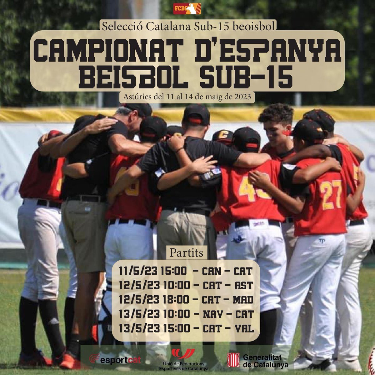 FCBeisbolSofbol's tweet photo. ⚾️Selecció Catalana Junior League⚾️ 

🏆 Ct. d’Espanya Sub15
📍 Astúries
📆 11 al 14 de Maig
👉 C. Valenciana, C. de Madrid, C. F. de Navarra, Canaries, Astúries i Catalunya

@UFECcat @esportcat https://t.co/bKEI2V8rmw