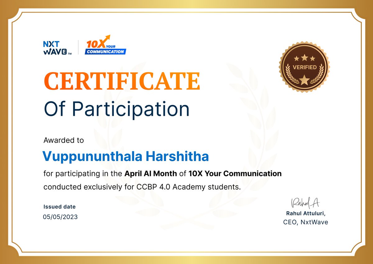 425Chary's tweet photo. Hello connections..!
"Thankyou for awarding me this certificate of participation . I truly appreciate it and I'm grateful for the opportunity to have participated in 10X communication.
#opportunity #ThankYou #nxtwave 
#communication 
#nxtwaveteam
#ccpb
#rahulattulurisir https://t.co/gXL0UdqmYn