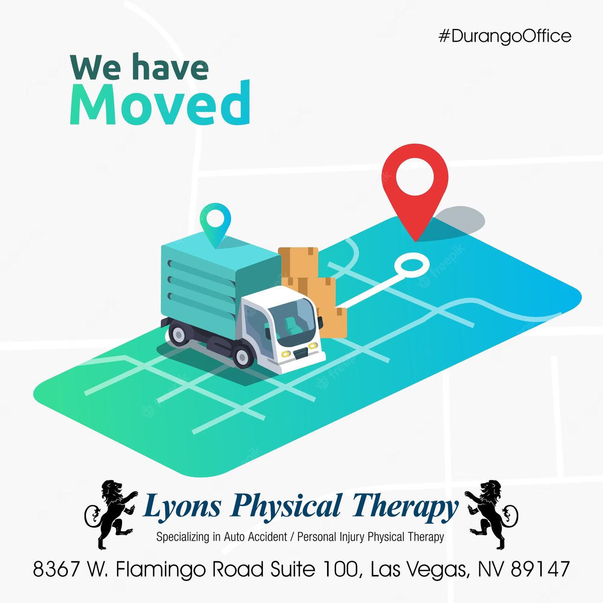 Finally moved into our new location and unpacked all our boxes! Now time to start serving you all.

8367 W. Flamingo Road Suite 100, Las Vegas, NV 89147 

Call us today to book your appointment:
📞 702.954.4646

#newlocation #wehavemoved #lyonspt #lyonsphysicaltherapy #lasvegas