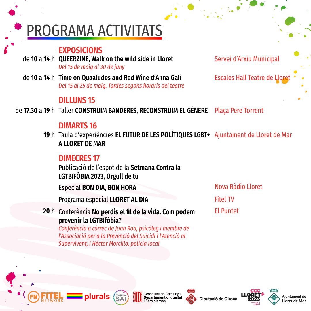 Lloret_de_Mar's tweet photo. 🏳️‍🌈 #LloretdeMar celebra la setmana contra la #lgtbifòbia.

📅 Del 15 al 21 de maig.

👉 Una setmana plena d'activitats, que culmina el diumenge 21 amb l'acte central al #teatredelloret.

➕ Informació ➡️ https://t.co/IfMedUXTnX

#mylloret #ccclloret23 https://t.co/qiXMQcXgWl