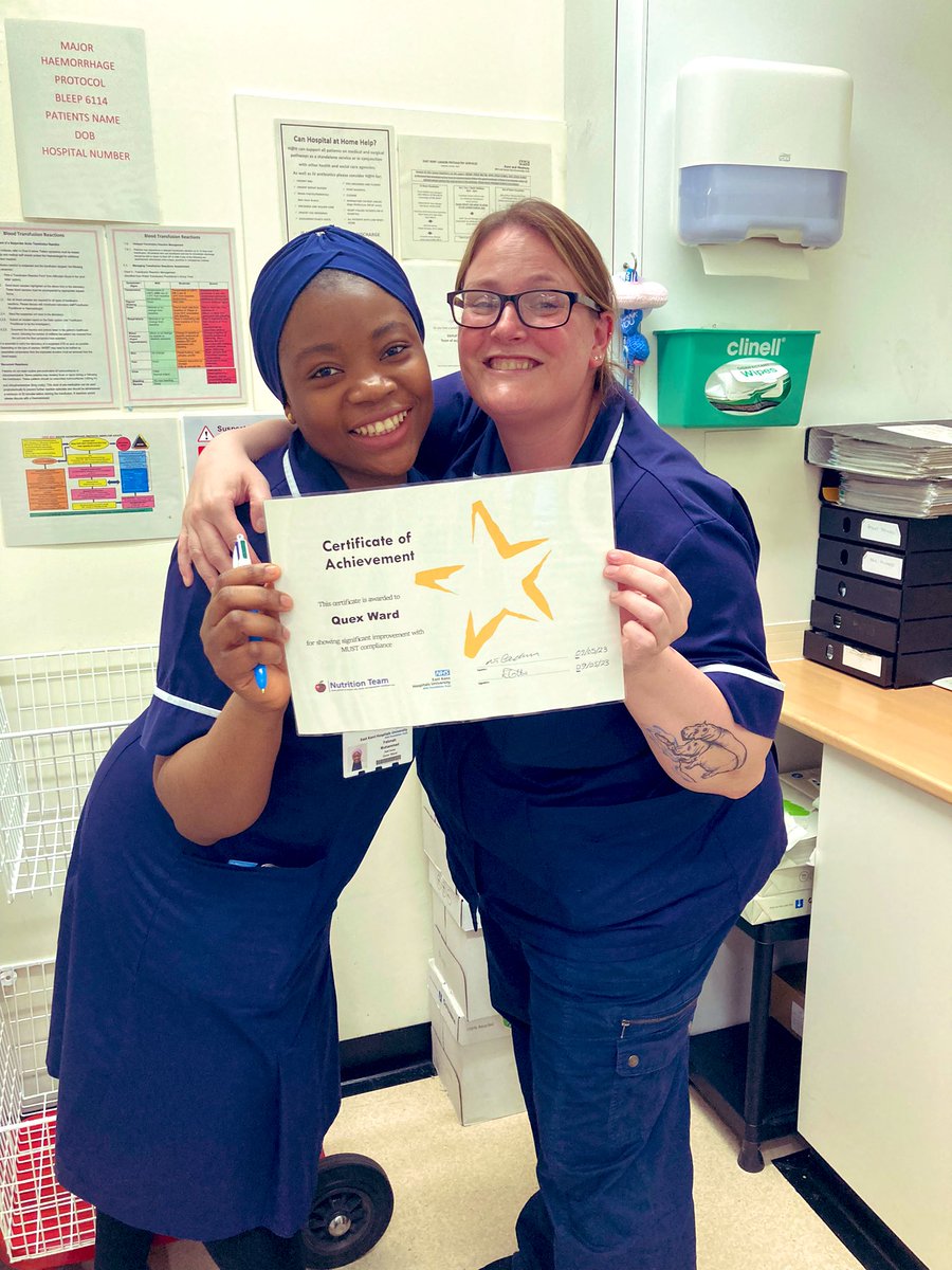 Certificate of achievement awarded to Quex Ward @ QEQM for a significant improvement in their MUST scoring for the month of April. Well done Team!