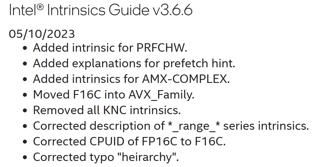 InstLatX64's tweet photo. #Intel Intrinsic Guide 3.6.6 with #AMXCOMPLEX:
https://t.co/FKoOQfykVG https://t.co/9a97vKGia5