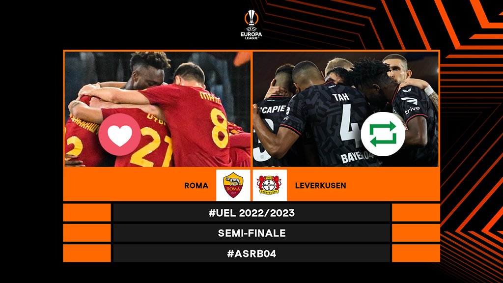 #UEL Matchday! ⚽️🤩🙌
 
❤ = <a href="/OfficialASRoma/">AS Roma</a> 🇮🇹
🔁 = <a href="/bayer04fussball/">Bayer 04 Leverkusen</a> 🇩🇪
 
#RomaLeverkusen | #ASRB04