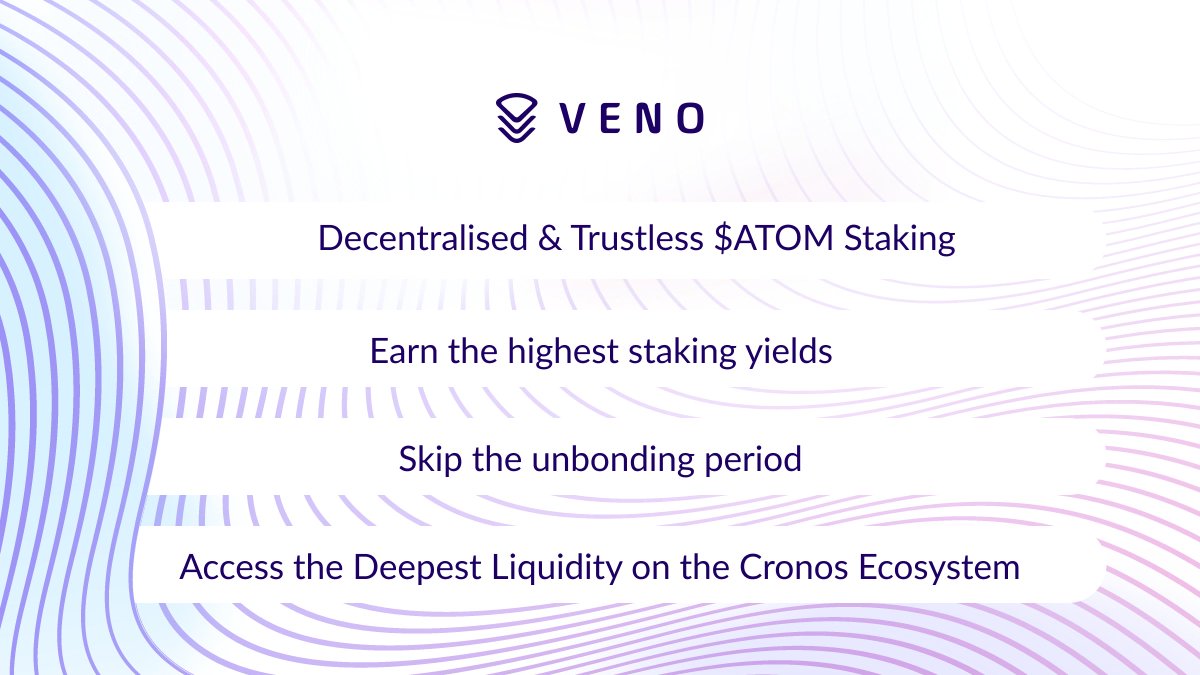 VenoFinance's tweet photo. Are you an #Cosmos user?

Soon you can stake our $ATOM on @VenoFinance and get $LATOM which allows you to access the #Cronos DeFi ecosystem to earn additional rewards

And the beautiful part, you can skip the unbonding period by trading your  $LATOM back for $ATOM

Why Veno👇 https://t.co/H5XNTNMokI