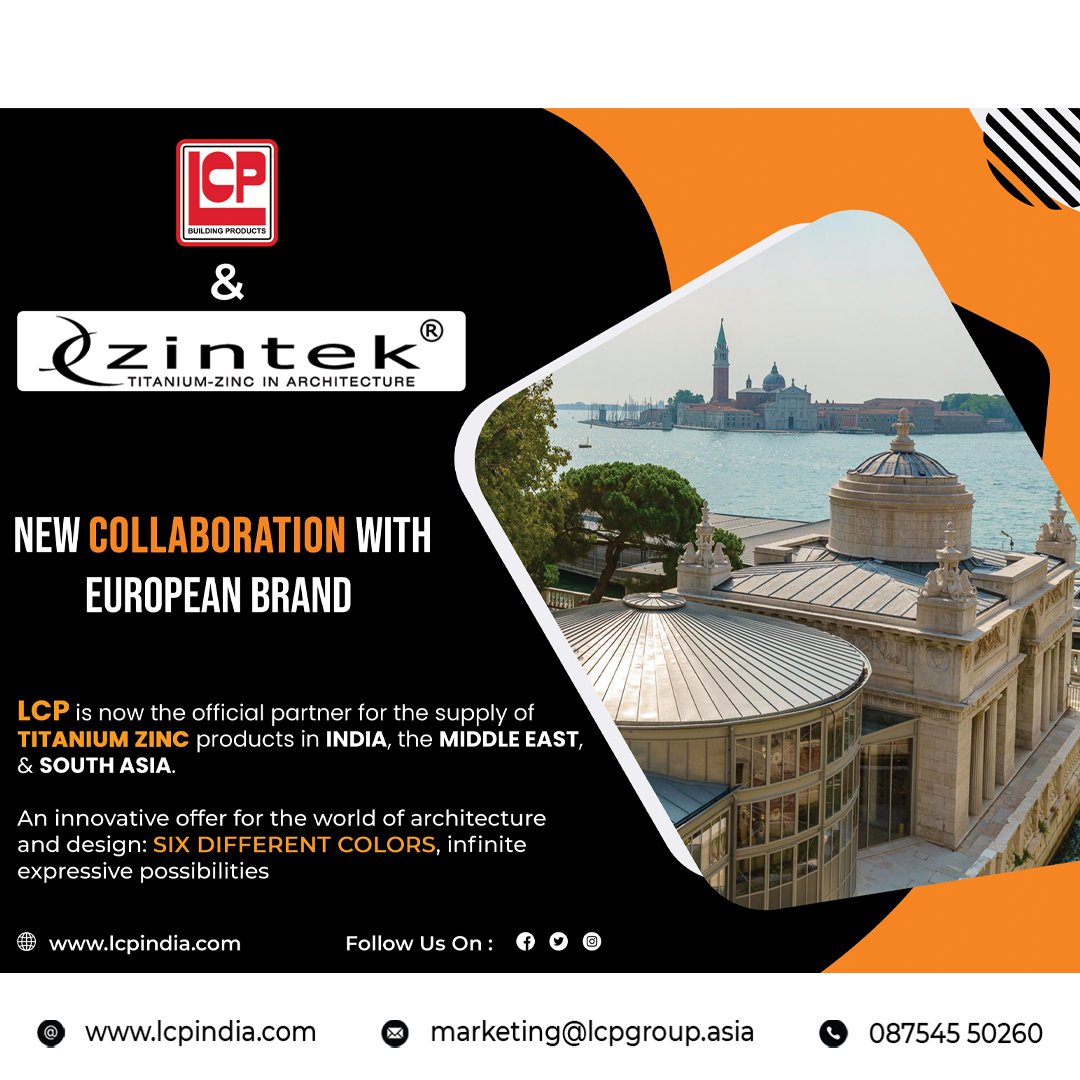 We are happy to announce that we are now collaborating with #Zintek an all-Italian company that produces & supplies rolled #zinc-#titanium products for #architectural use. 
Phone No: +918754550260
Mail Id: marketing@lcpgroup.asia
#lcpindia #tamilnadu #india