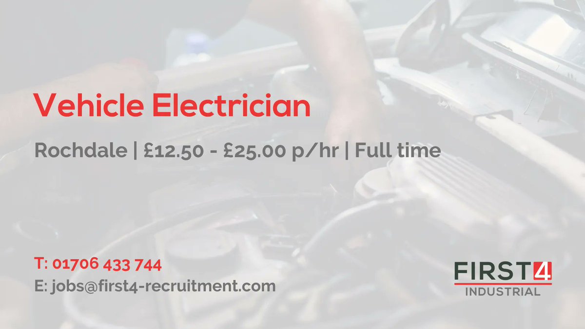 First 4 Recruitment is currently looking for a Vehicle Electrician to join our client's team in Rochdale on a permanent basis 🚐

You can apply here now 👉 buff.ly/3LR20Yt

#VehicleElectrician #Vehicle #Electrician #Jobs #RochdaleJobs #RochdaleVacancy