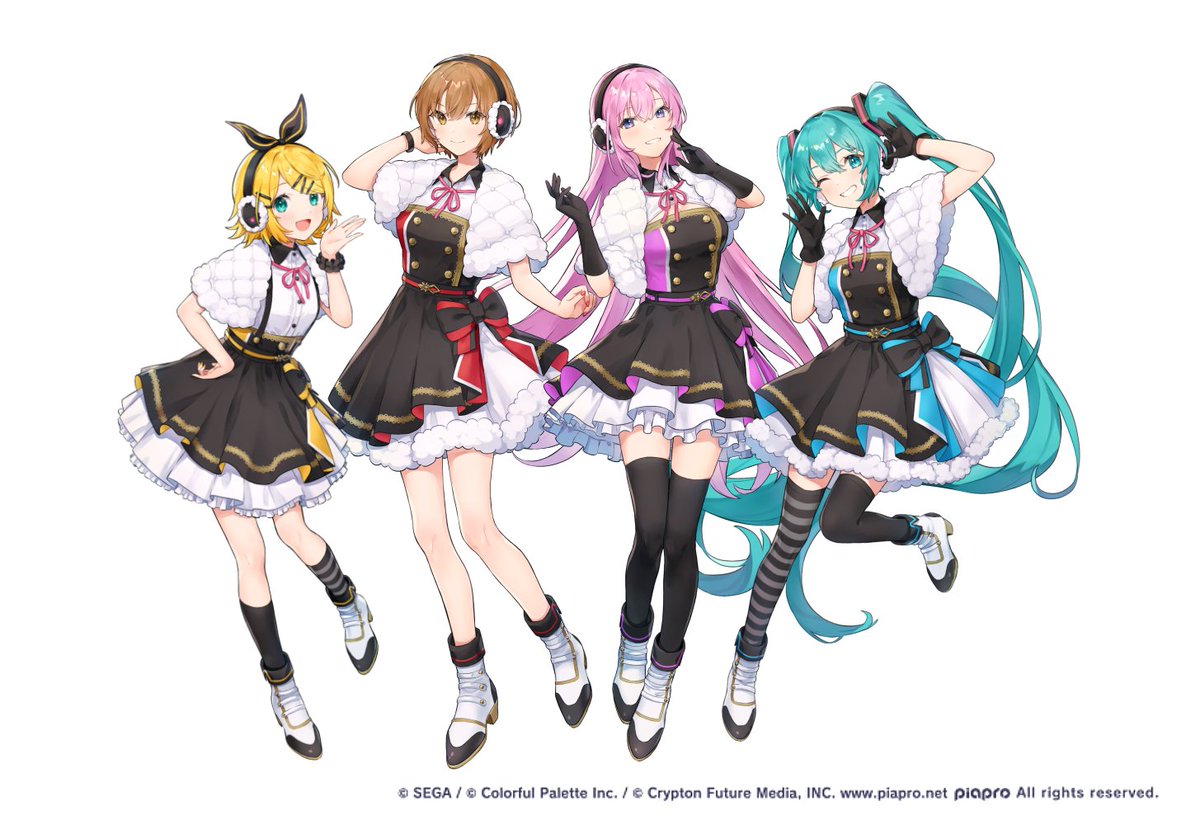 初音ミク ,鏡音リン ,巡音ルカ ,メイコ(VOCALOID) 「プロジェクトセカイ『ハッピーシンセサイザ』のイラストを担当させていただきました!」|sainoのイラスト