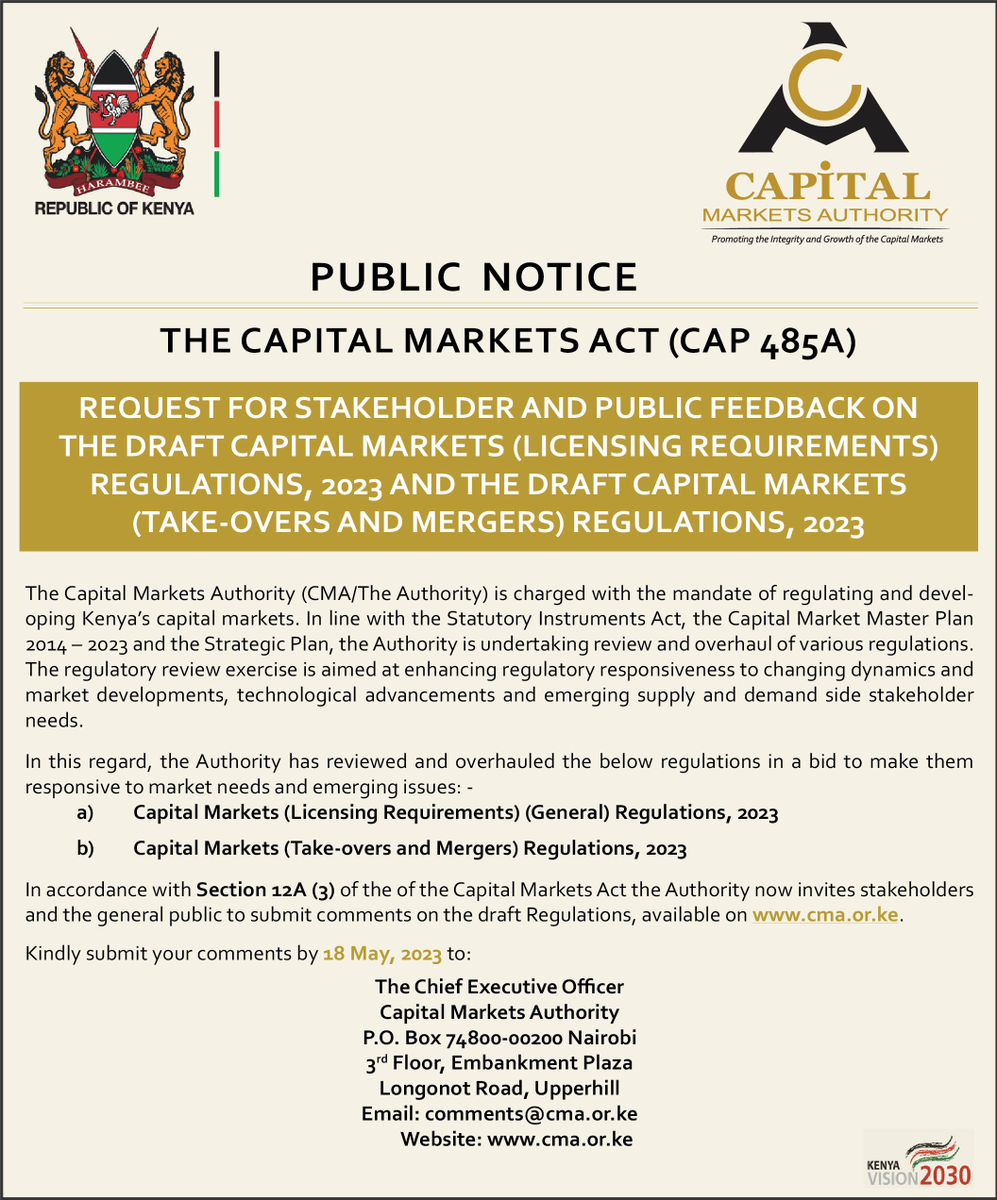 📢 Join the public consultation on the proposed draft regulations(Licensing requirements and Takeover &amp; Mergers). Visit the link below to access the drafts and provide your valuable feedback.
cma.or.ke/index.php/regu…