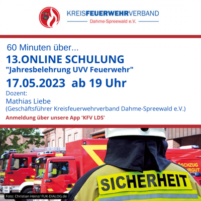 ☑️Wiederholung Online Schulung "Jahresbelehrung UVV Feuerwehr"☑️
👉👉👉17.05.2023 ab 19.00 Uhr👈👈👈
#WIR freuen uns auf Eure Anmeldungen unter kfv-lds.de 🙂