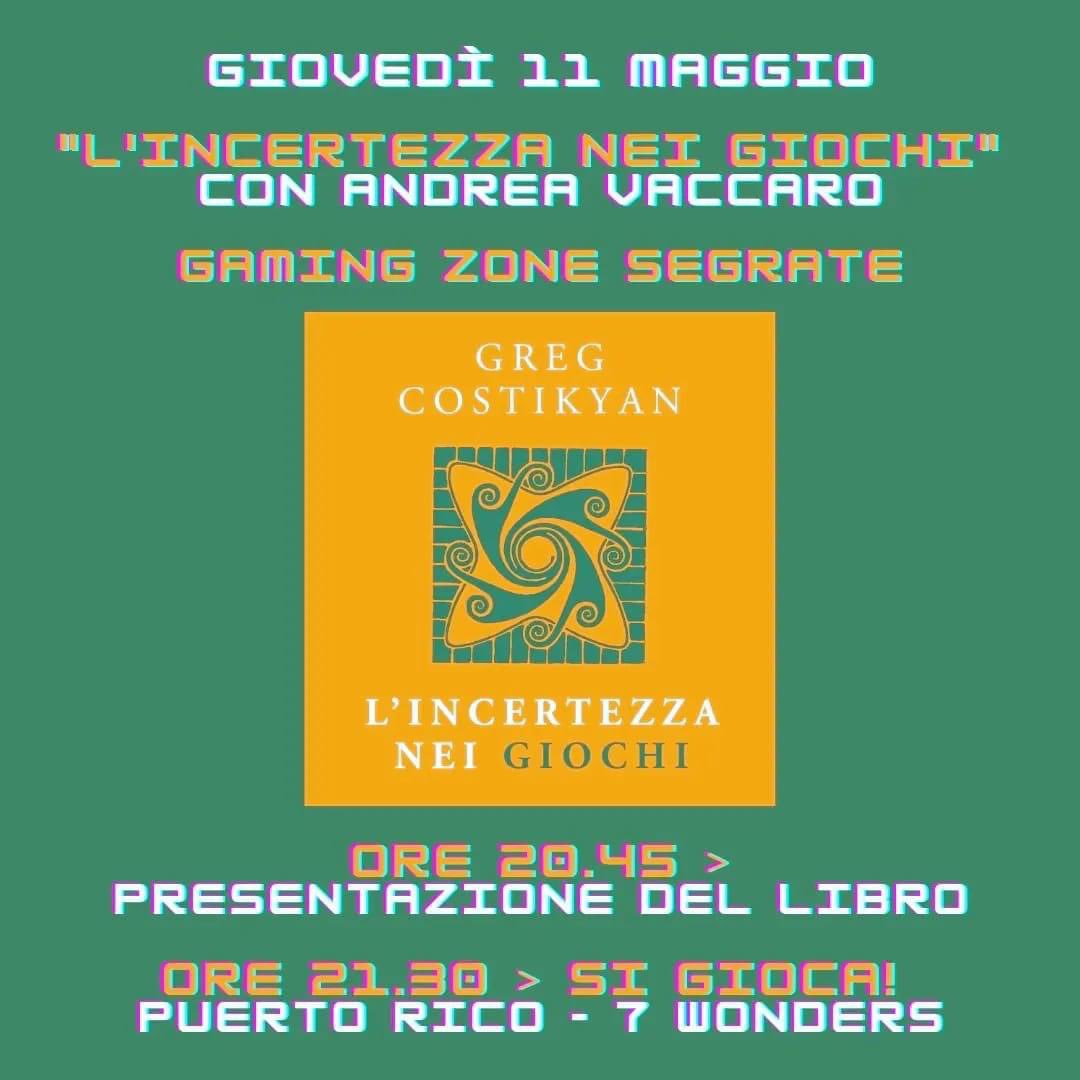 comune_segrate's tweet photo. GAMING NIGHT STASERA!

📙🤨 Nel suo libro "L'incertezza dei giochi" Greg Costikyan, famoso game designer, sostiene che i giochi hanno bisogno dell'incertezza per attirare il nostro interesse, e che lo sforzo di controllare l'incertezza è fondamentale per la loro attrattiva. https://t.co/RjEG4qULtd