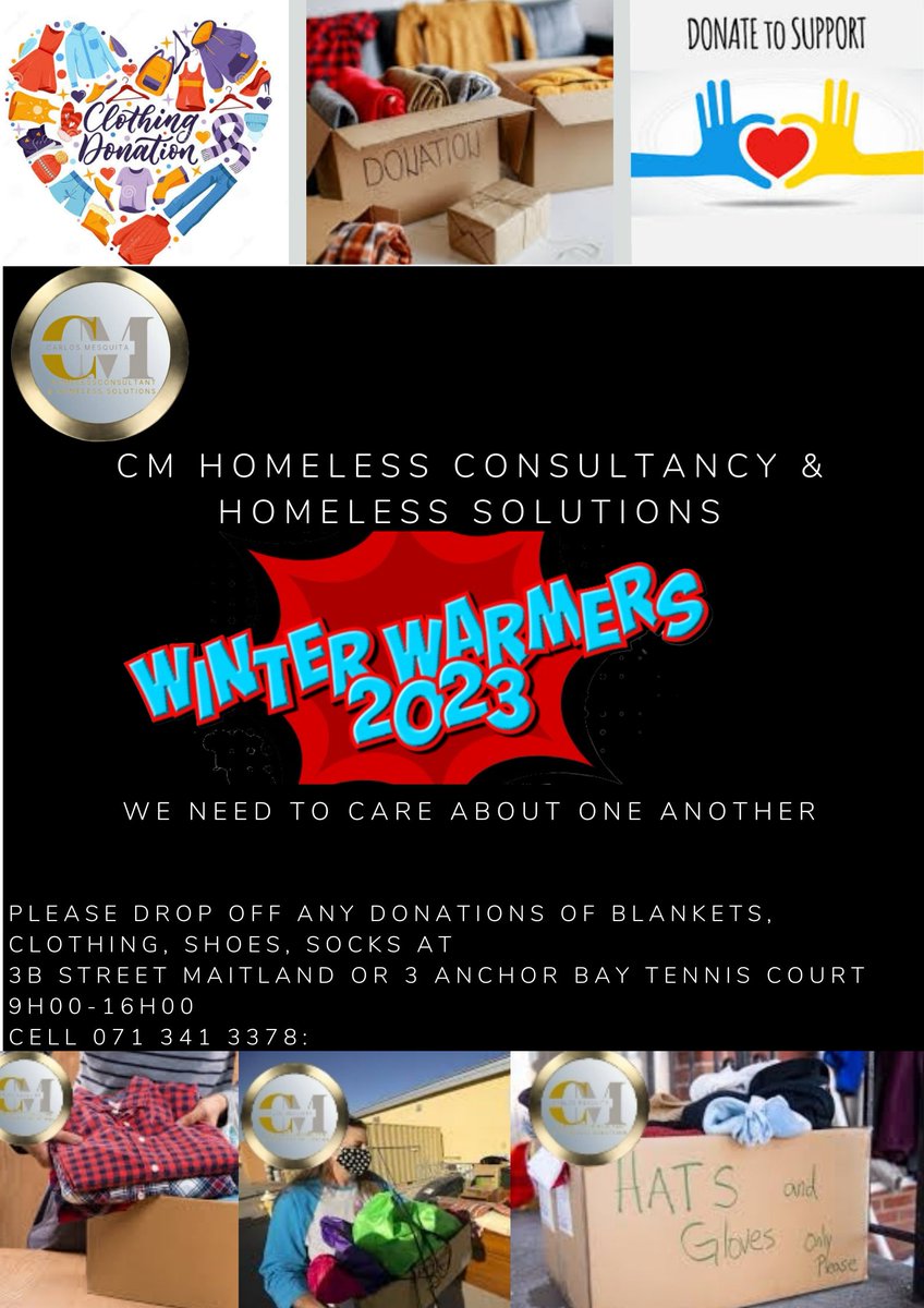 rehomingcarlos's tweet photo. towards our Winter Warmers 2023 campaign, please contact me for collection (071 341 3378) or drop off tonight at the Gardens or you can drop off at 3 Anchor Bay tennis club or 3B Langham st Maitland.
The more we receive the more areas we can cover and hand out to those in need. https://t.co/G69QcdNrUX