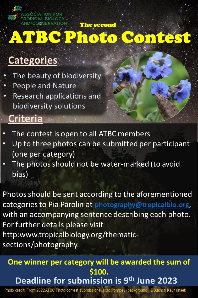Second photo contest from @theATBC submit your photos to share your resarch and passion for research applications, biodiversity, people and nature, deadline 9th June 2023