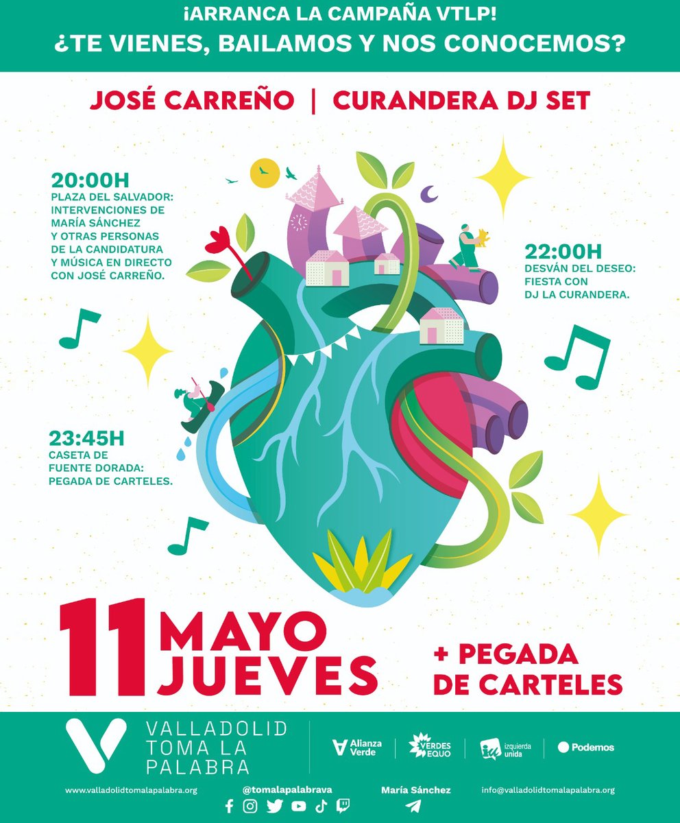TomaLaPalabraVA's tweet photo. 📣¡HOY!
Te esperamos desde las 20h en la Plaza del Salvador para iniciar esta ilusionante campaña con nuestra candidata a convertirse en la primera alcaldesa de #Valladolid @mariatuitea, la música en directo de @jcarrenobanda, la cumbia de #LaCurandera y más.
#PolíticaDeCorazón🫀 https://t.co/0v2nHi7yyW