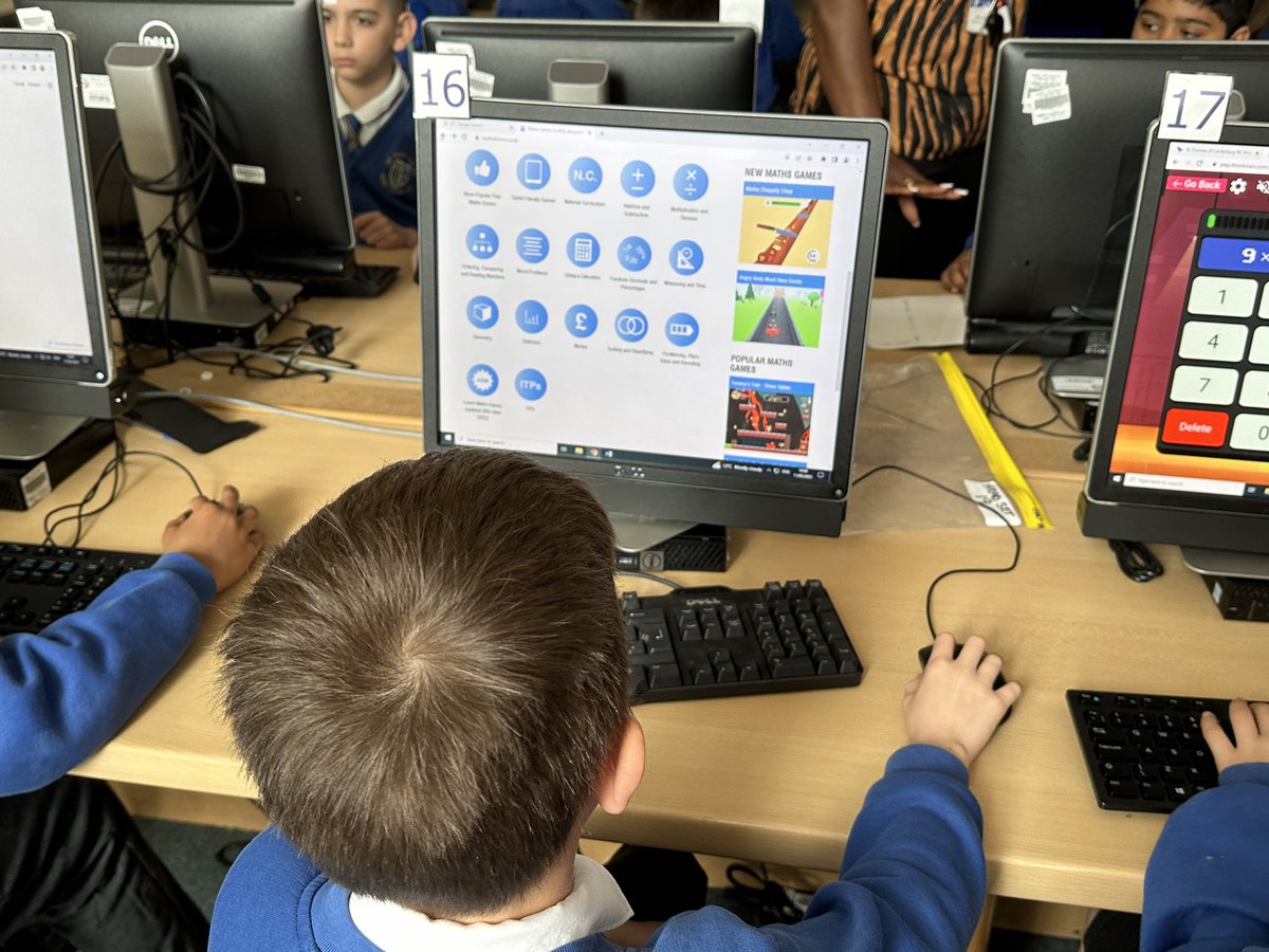 STOCSch's tweet photo. 4B have been keyboard clicking this morning, doing Maths games! Cross-curricular lessons of Maths and Computing! Two for the price of one! 💛💙 @STOCSch @WhiteRoseEd @Computing_News #againsttheclock https://t.co/eBvTc6wrLP