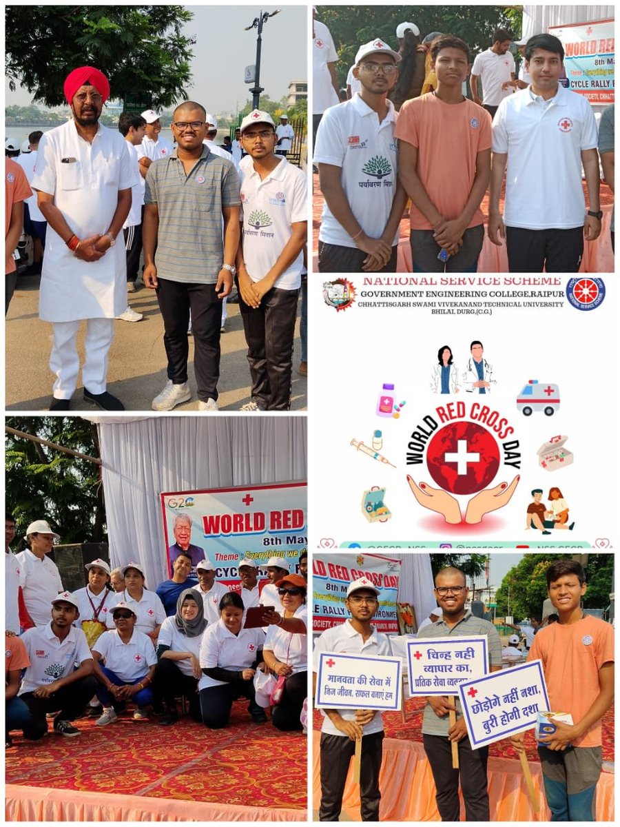 NSS, GECR volunteers took part in the #CycleRally organised by Indian Red Cross Society, Chhattisgarh Branch on the occasion of #WorldRedCrossDay .i.e., on 8 May 2023 at 7:00 A.M. The journey was from Rajbhavan, Raipur to Marine Drive, Telibandha, Raipur.

#YuvaBharat2023