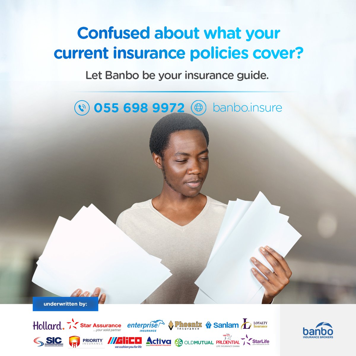 As your brokers, we identify gaps in your insurance coverage to optimize the value you obtain from existing policies and ensure that the necessary areas are covered to prevent or minimize losses. ​

#InsuranceAdvocate #Banbo #HassleFree #ChooseBanbo #WeGiveUMore #InsuranceGhana