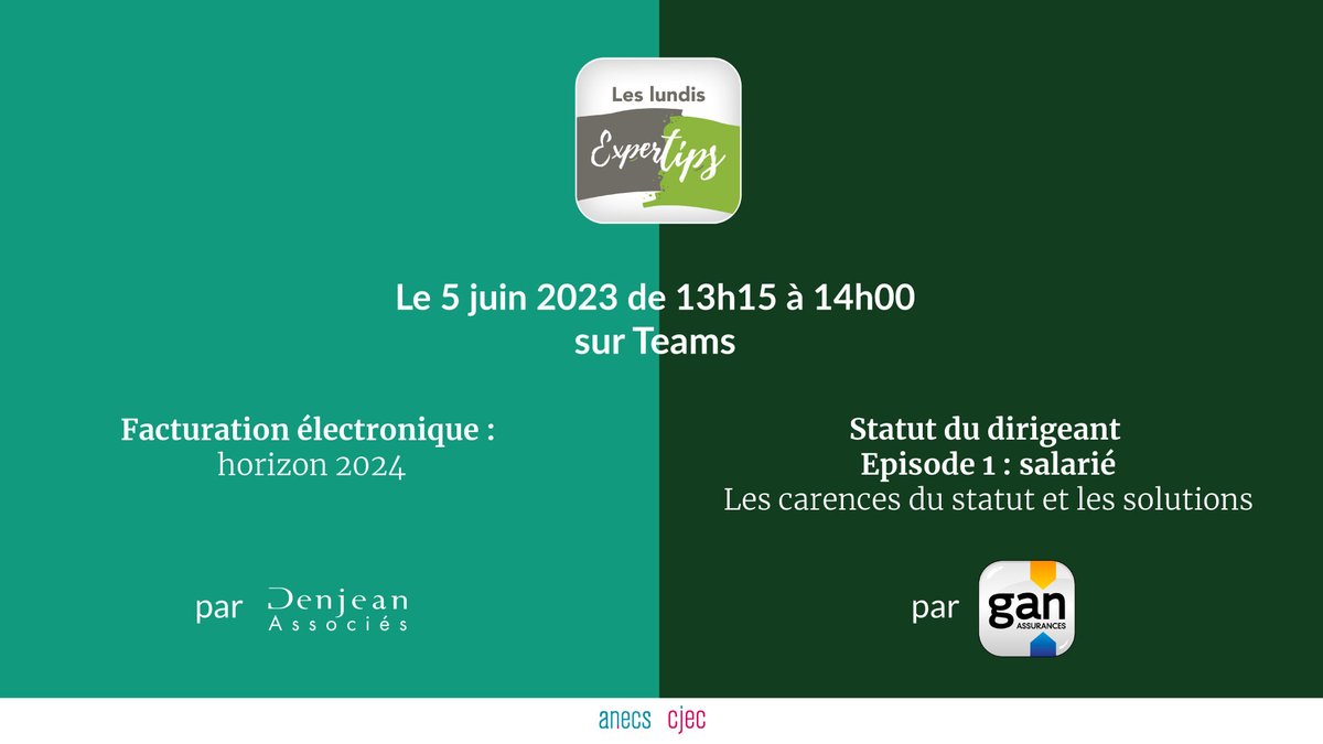 CJEC (@cjecnational) on Twitter photo ๐ RDV le 5 juin de 13h15 ร 14h pour le prochain #webinaire Exper'Tips !
โก๏ธAu programme :
โข Statut du dirigeant Episode 1 : salariรฉ - Les carences du statut et les solutions <a href="/Gan_Assurances/">Gan Assurances</a>
โข Facturation รฉlectronique : horizon 2024 <a href="/DenjeanAssocies/">Thierry Denjean</a>
๐docs.google.com/forms/d/e/1FAIโฆ ๐ RDV le 5 juin de 13h15 ร 14h pour le prochain #webinaire Exper'Tips !
โก๏ธAu programme :
โข Statut du dirigeant Episode 1 : salariรฉ - Les carences du statut et les solutions <a href="/Gan_Assurances/">Gan Assurances</a>
โข Facturation รฉlectronique : horizon 2024 <a href="/DenjeanAssocies/">Thierry Denjean</a>
๐docs.google.com/forms/d/e/1FAIโฆ