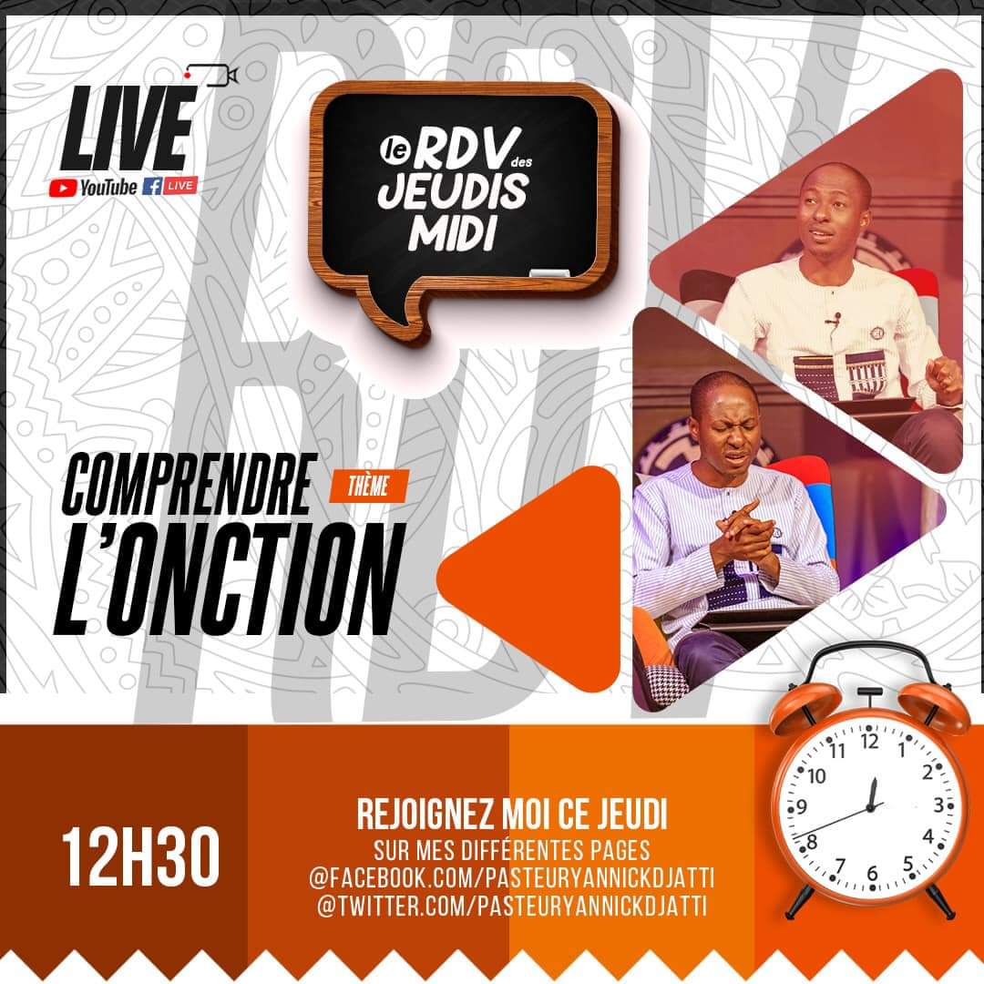 PasteurYd's tweet photo. Notre rdv des jeudis midi c’est dans quelques heures. Ne manquez pas de nous rejoindre sur mes pages Pasteur Yannick Djatti Facebook et YouTube.😎 https://t.co/ez8dQdQ1SP
