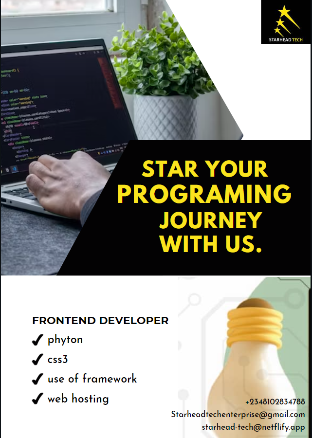 Front-end development 
8 weeks online training. 

For enquires:
DM or call: 08102834788, 09086655332
or email: starheadtechenterprise@gmail.com 

#starheadtech #programming #programmingtraining #programminglanguage #frontend #frontendtraining #frontenddevelopingtraining