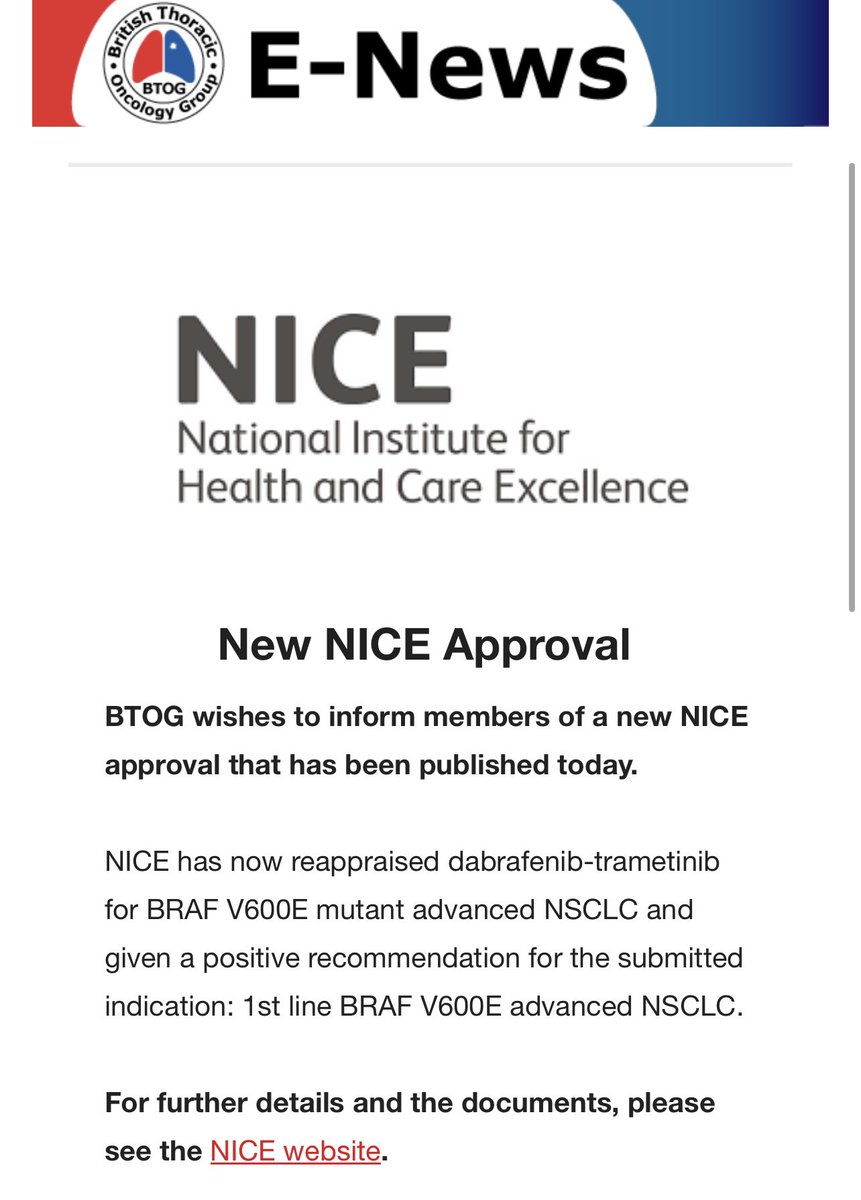 NICE approve 1L Dabrafenib & Trametinib for BRAF V600E NSCLC