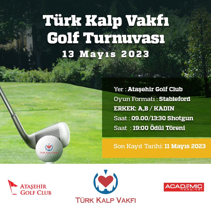 35. Kalp Haftası kapsamında, 13 Mayıs günü Ataşehir Golf Kulüp’te düzenlenecek “Türk Kalp Vakfı Golf Turnuvası”yla golf severlerle buluşuyoruz.

@atasehirgolf @academichospitalofficial
#Ataşehirgolfkulüp #AcademicHospital #35.KalpHaftası #KalpHaftası #KalbiniİnsanlıkİçinKullan
