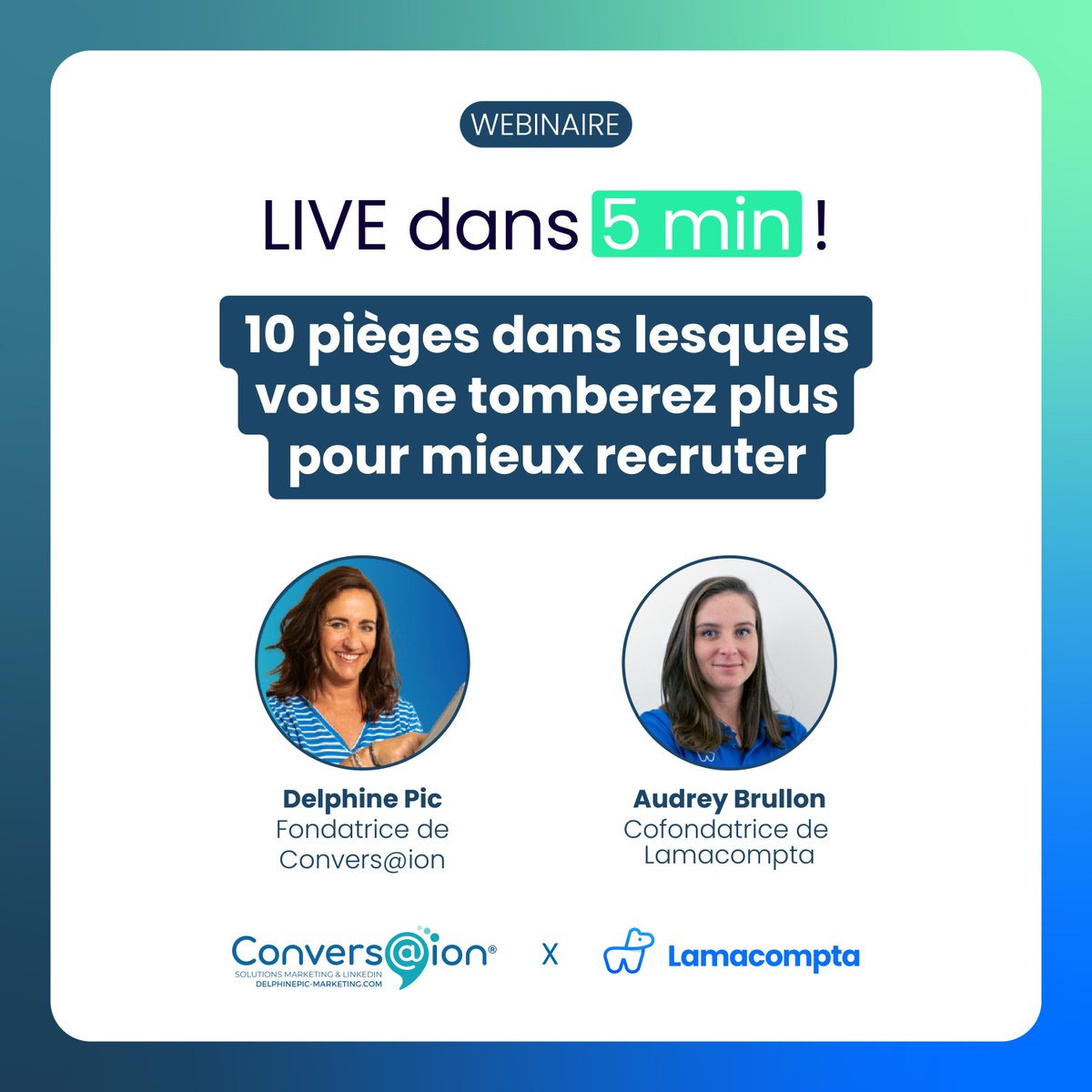 Plus que 5 minutes avant le début du webinaire 👇

​Animé par :
​➡️ 🗨️ Delphine Pic, Fondatrice de Convers@ion
​➡️ Audrey Brullon 🦙, Co-fondatrice de Lamacompta

Le lien de l'évènement 👇
bit.ly/3LauBY7

#compta #comptabilité #recrutement #expertisecomptable