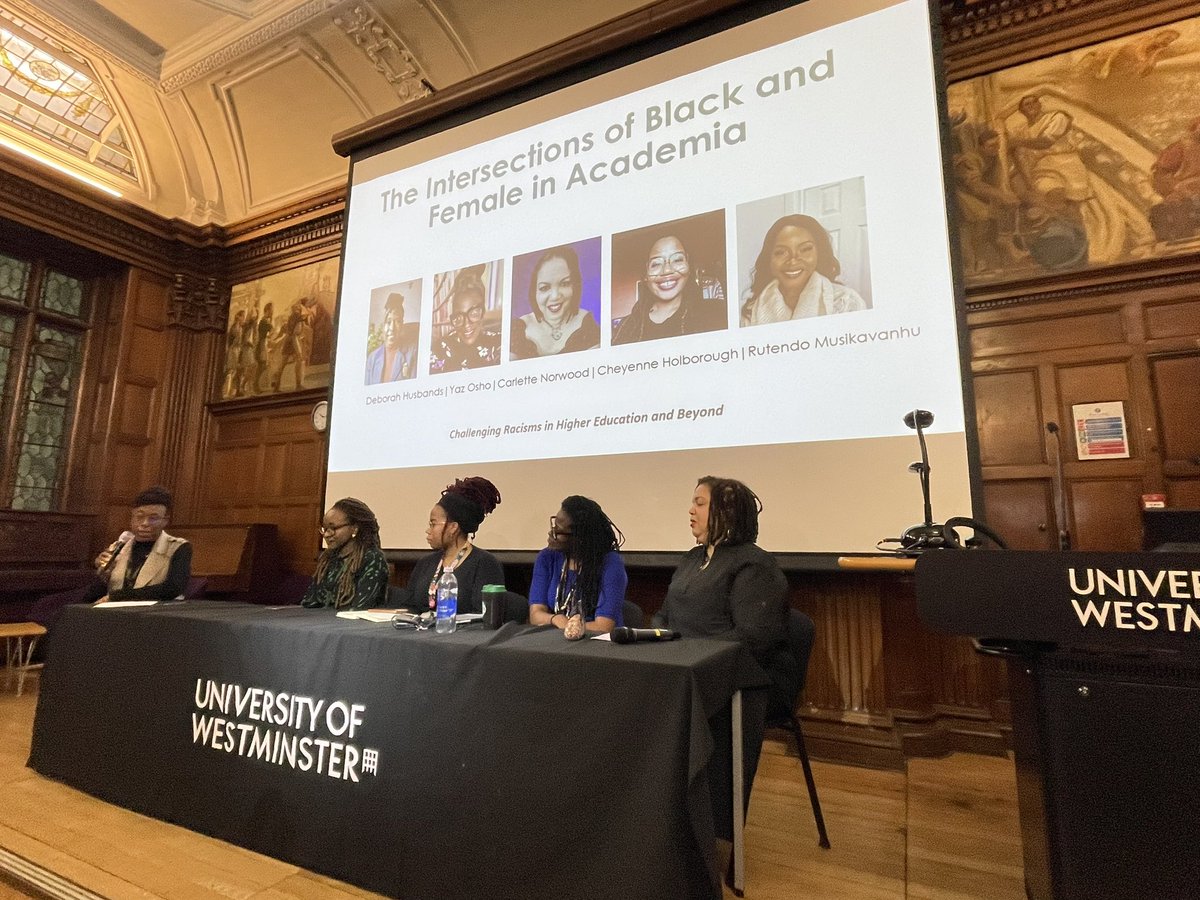 dibyeshanand's tweet photo. The first panel at our “Challenging Racisms in Higher Education in Higher Education and Beyond” - @DebbiHusbands Yaz, Carlette, @chey_holb Rutenda. 
@UniWestminster https://t.co/HOpFXw1nDX