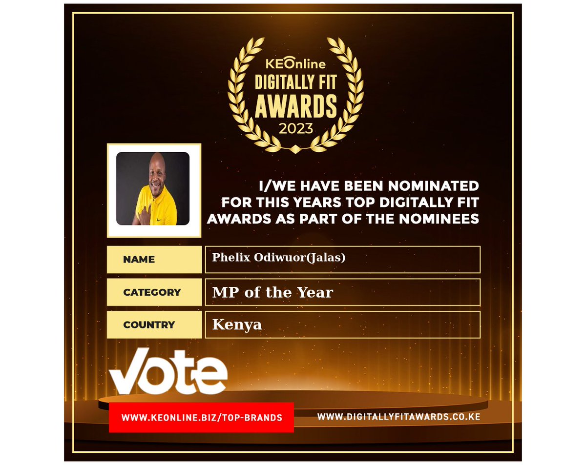 EParodix254's tweet photo. It's time to give credit where it's due! Vote for the digital game-changers who have impacted your life in one way or another in the #DigitallyFitAwards2023 Visit https://t.co/CBQonl1Q7r and make your vote count! @HEBabuOwino @JalangoMwenyewe @OAmollo https://t.co/ijh4qiufBc