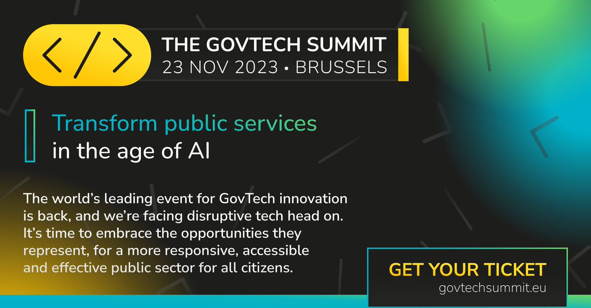 Transform public services in the age of #ArtificialIntelligence!💡

Join us at the #GovTechSummit on 23 Nov. In this era of rapid advancement, we're facing disruptive #tech head on. 

Coming to Brussels, get your ticket to be part of the action! 🟡 govtechsummit.eu