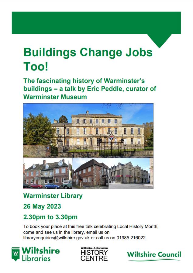 We hope our lovely maltings never gets a new job but of course many buildings do. 
If you're local, check out this talk at Warminster Library  
#localhistorymonth #localandcommunityhistorymonth #warminster #warminsterhistory #getinvolved