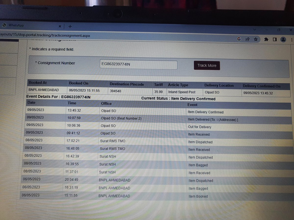 Chandresh7161's tweet photo. @IndiaPostOffice 
Consignment No - EG863239774IN
track status sawing that consignment is delivered but actually it is not deliver. 
Plz do needful. https://t.co/wdeKRzsq8a