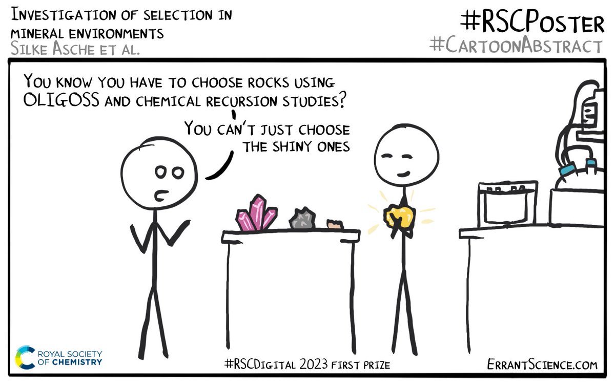 ErrantScience's tweet photo. Here’s an extra @RoySocChem cartoon we drew for #RSCPoster #RSCDigital first prize winner @SilkeAsche, go look at their poster and ask them all about how to choose the best mineral environment https://t.co/wUBBZ3FdhO