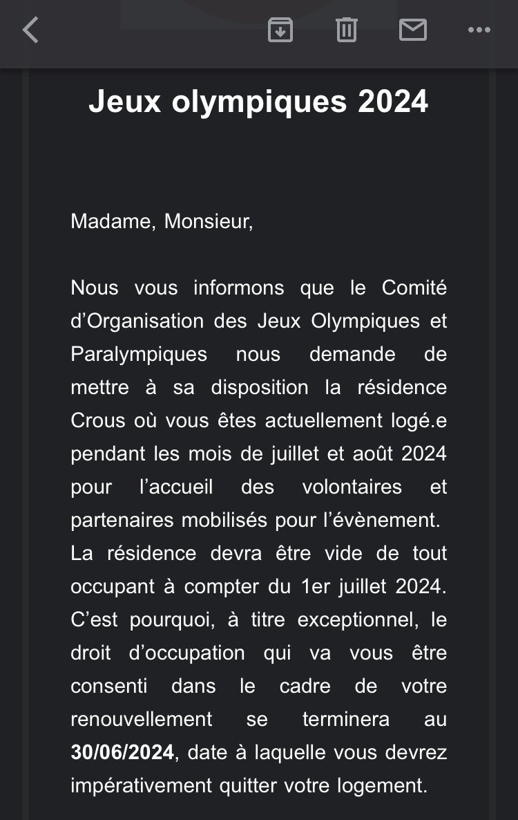 🇫🇷 FLASH - Des étudiants boursiers locataires dans des résidences #CROUS en région parisienne ont reçu un mail indiquant qu’ils devaient 'impérativement' quitter leurs logements avant le 30/06/2024, pour qu’ils soient disponibles pour l’accueil des Jeux Olympiques de #Paris2024.