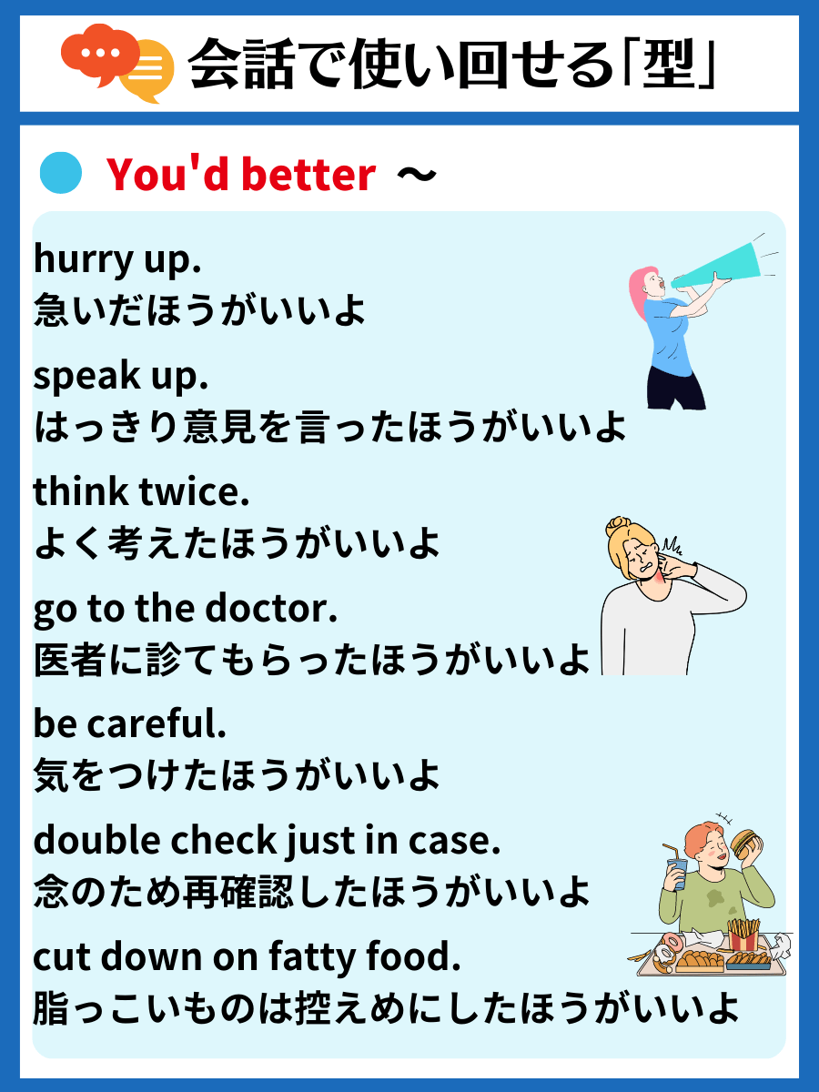 tak_SpeaKing's tweet photo. 【スラスラ話せる英会話表現パターン】

日常でよく使う基本の『型』⓰🗣

①Let me ~
「〜させて」
②Let me see if ~
「〜か確認してみるね」
③You'd better ~
「〜したほうがいいよ」
④You'd better not ~
「〜しないほうがいいよ」

ブックマーク保存が便利▼ https://t.co/W1XrvmZ56P