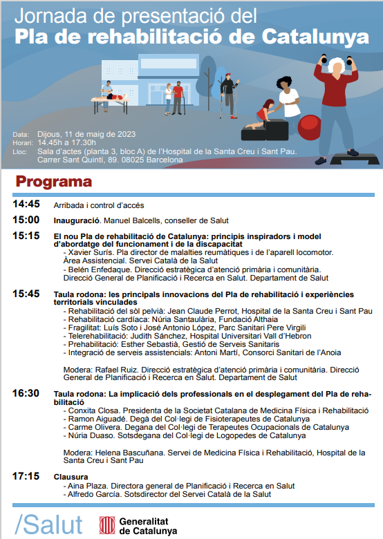Presentació del Pla de rehabilitació de Catalunya.

🗓️Avui 11 de maig
🕐14,45 h
📌Sala d’actes Hospital de la Santa Creu i Sant Pau

Amb la participació de <a href="/carmeolivera/">Carme Olivera</a> degana del <a href="/COTOC_cat/">COTOC</a> #TerapiaOcupacional

🔗salutweb.gencat.cat/ca/detalls/Not…