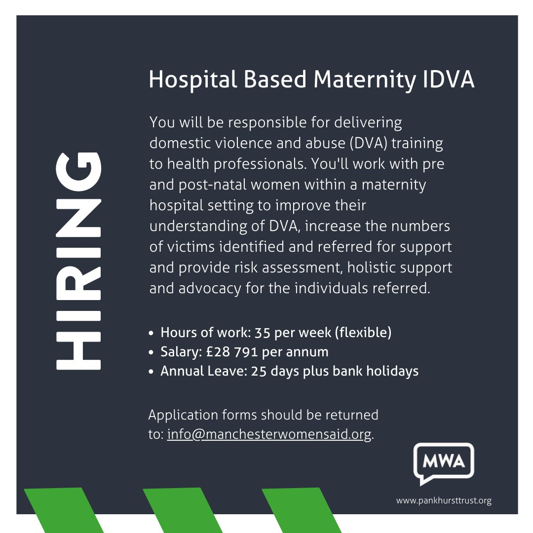 If you are passionate about working with vulnerable women as a Hospital Based Maternity IDVA, then this is the roles for you!  

For further information please call us on 0161 820 8414  

Application pack: bit.ly/3nLrA9l

#IDVAJobs #DVAJobs #CharityJobs