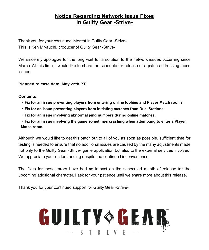 GUILTYGEAR_PR's tweet photo. To all Guilty Gear -Strive- players:
We have an announcement regarding our plans to address the ongoing issues with network mode.

#GGST https://t.co/uyHEn2TZKj