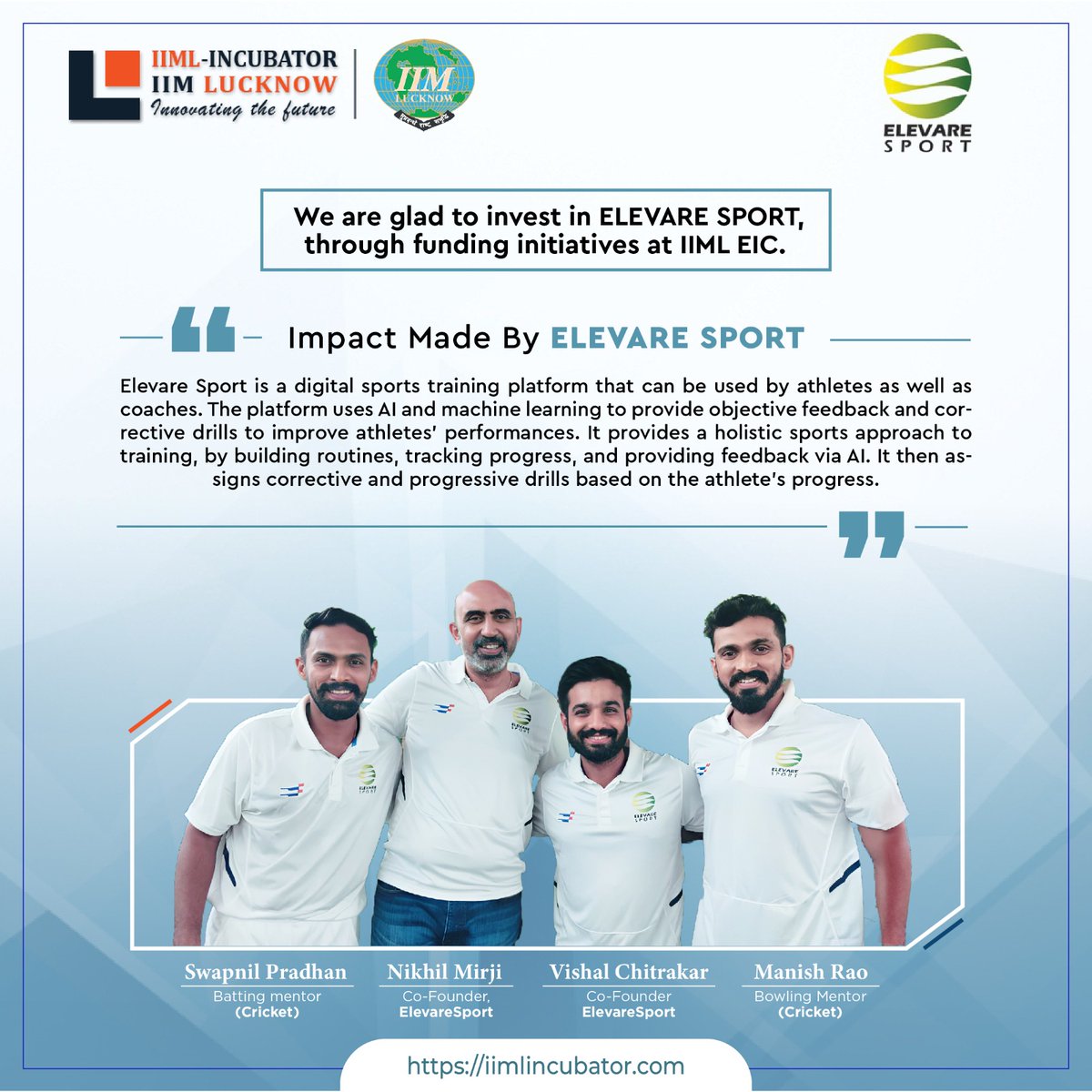 iimlincubator1's tweet photo. IIML EIC puts its Trust in Upcoming Startups & offers Holistic Support to promising Startups.
We are proud to invest in Elevare Sport through funding initiatives at IIML EIC.
To know more visit: https://t.co/zp0AGEy6eD
#IIML #IIMLEIC #IIMLucknow #startup #StartUpIndia https://t.co/8wHgWuuSOV